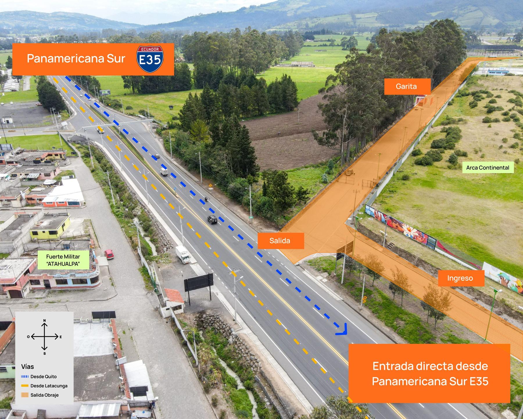 Entrada directa al Parque El Obraje desde la Panamericana Sur E35, Km 42, vista aérea